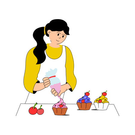 Fille faisant des cupcakes à la maison  Illustration