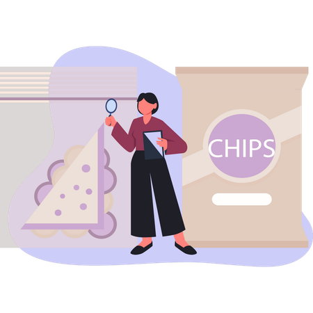 Fille faisant des recherches sur un paquet de chips  Illustration