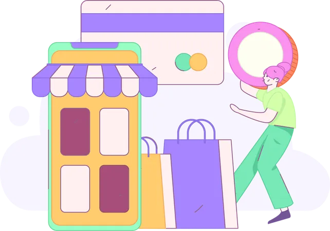 Fille faisant le paiement des courses  Illustration