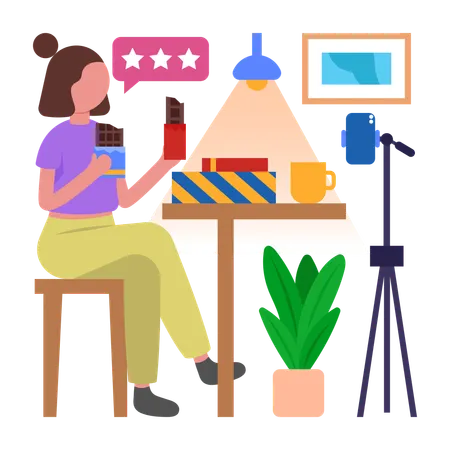 Fille faisant un vlog de critique de chocolat  Illustration