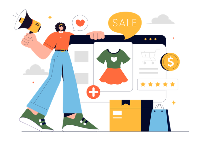 Fille faisant du marketing de vente en ligne  Illustration