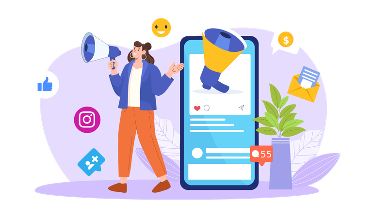 Fille faisant du marketing sur Instagram  Illustration