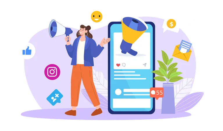 Fille faisant du marketing sur Instagram  Illustration