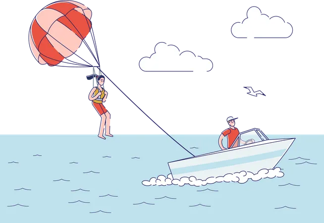 Fille faisant du parapente à la plage  Illustration