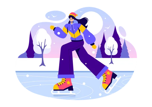 Fille faisant du patinage sur glace à la patinoire  Illustration