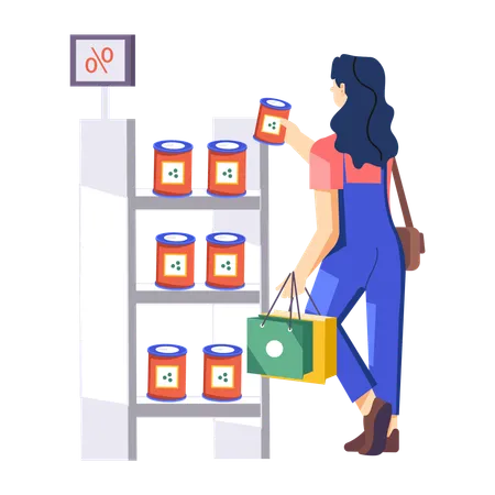 Fille faisant ses courses dans un supermarché avec une offre  Illustration