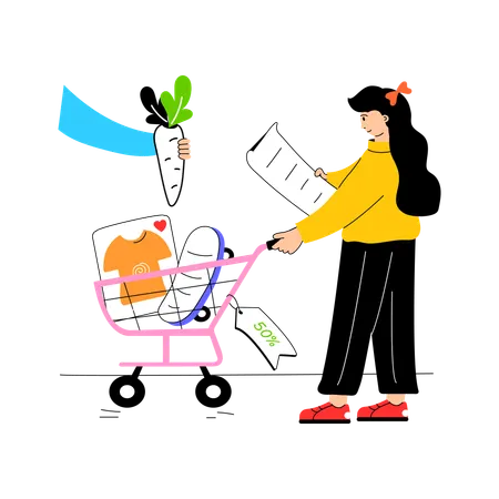 Fille faisant du shopping avec la liste de courses  Illustration