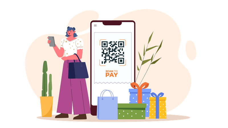 Fille effectuant un paiement d'achat par code QR  Illustration