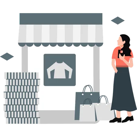 Fille faisant des achats en ligne  Illustration