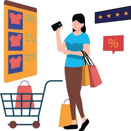 Fille faisant des achats en ligne  Illustration