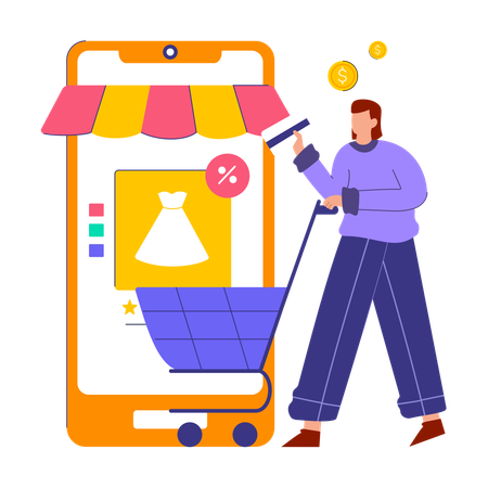 Fille faisant des achats mobiles  Illustration