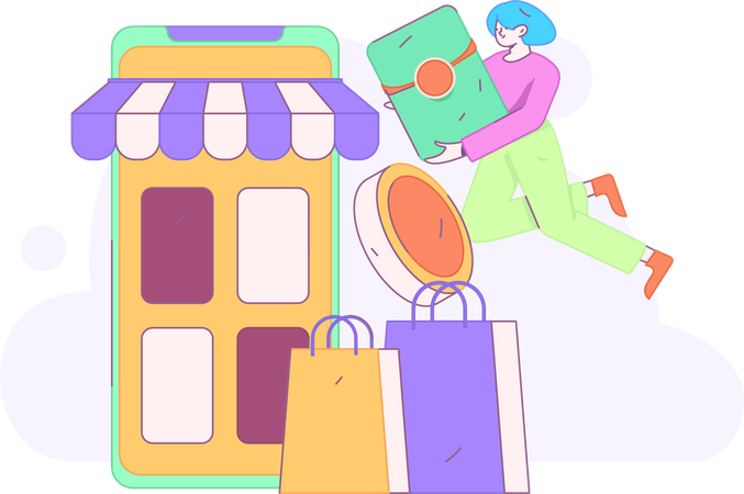 Fille faisant des achats mobiles  Illustration