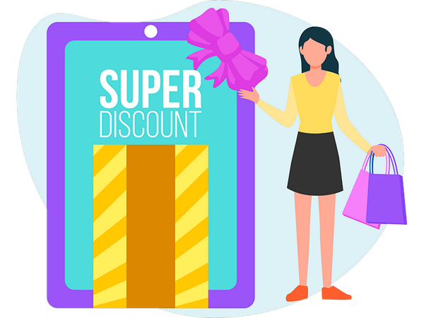 Fille faisant du shopping pendant une super réduction  Illustration