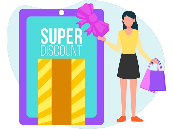 Fille faisant du shopping pendant une super réduction  Illustration