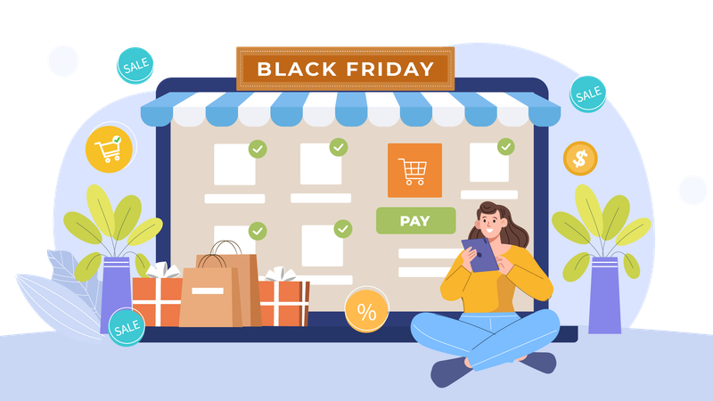 Fille faisant du shopping pendant le Black Friday  Illustration