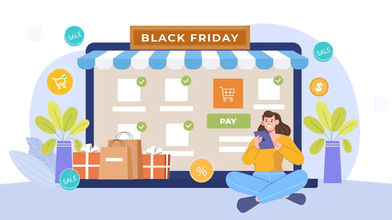 Fille faisant du shopping pendant le Black Friday  Illustration