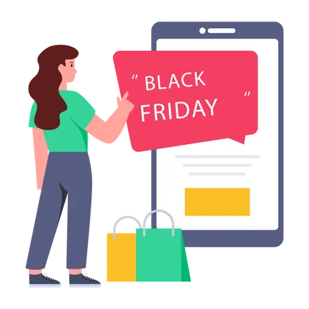 Fille faisant du shopping lors de la vente du Black Friday  Illustration