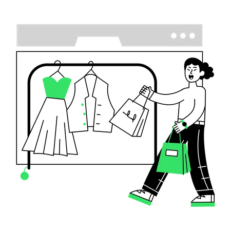 Fille faisant du shopping sur un site Web commercial  Illustration