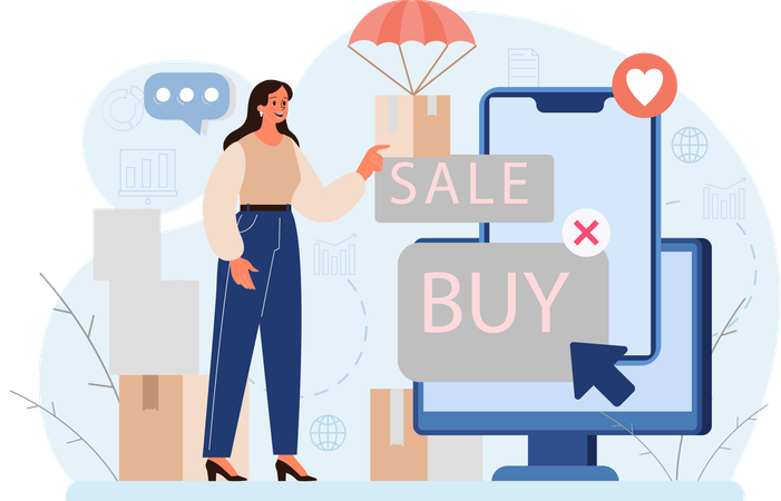 Fille faisant du shopping sur Ecommerce Sale  Illustration