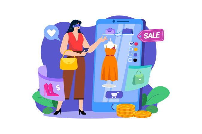 Fille faisant des achats virtuels  Illustration