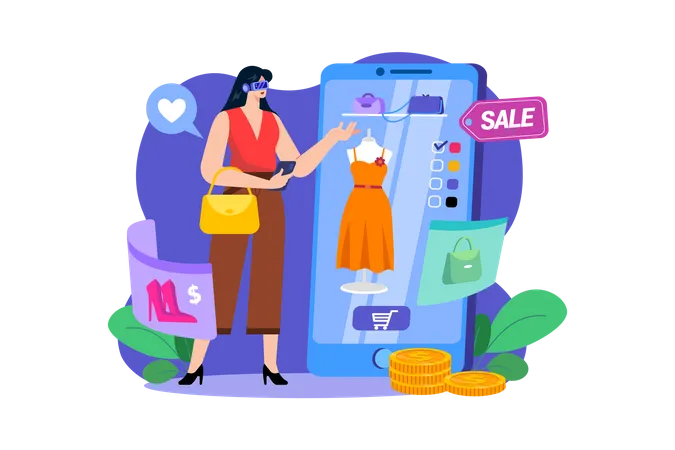 Fille faisant des achats virtuels  Illustration