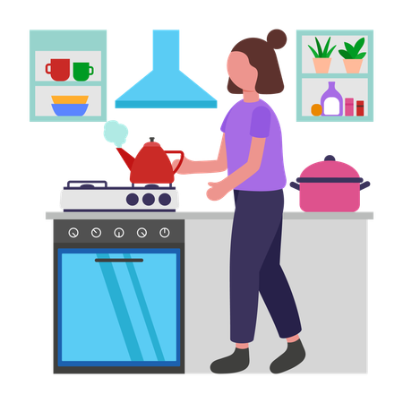 Fille faisant du thé à la maison  Illustration