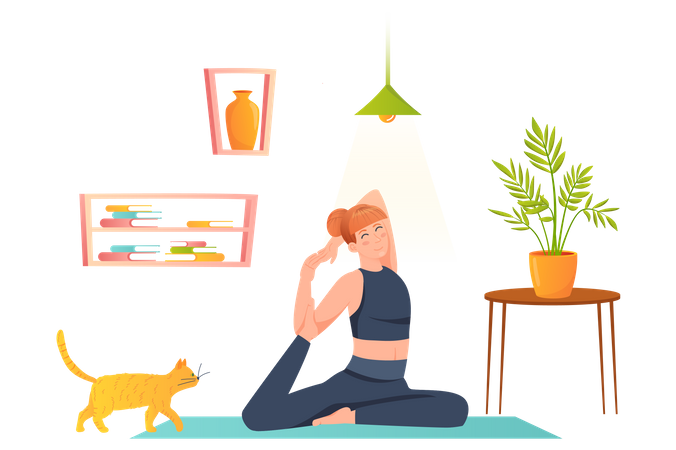 Fille faisant du yoga à la maison  Illustration