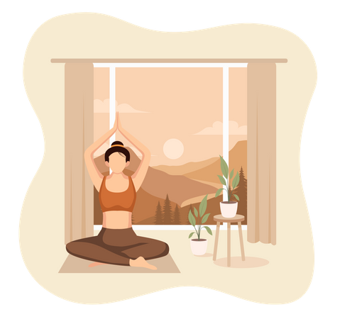 Fille faisant du yoga à la maison  Illustration