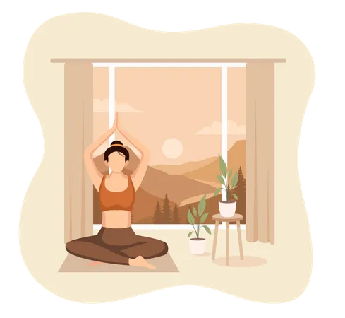 Fille faisant du yoga à la maison  Illustration