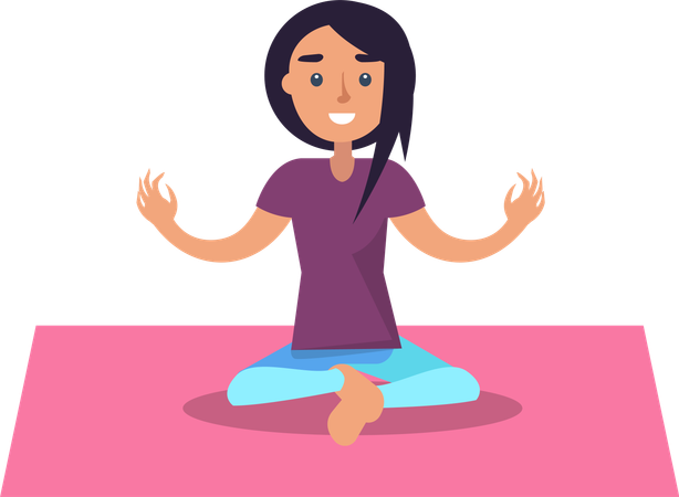 Une fille faisant du yoga est assise en position du lotus sur un tapis rose  Illustration