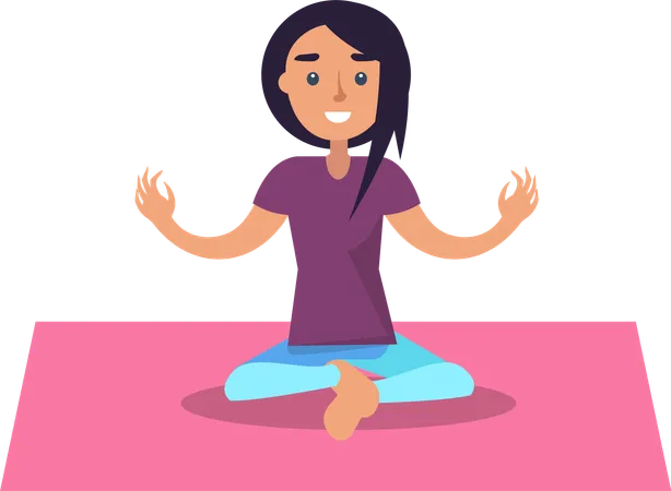 Une fille faisant du yoga est assise en position du lotus sur un tapis rose  Illustration