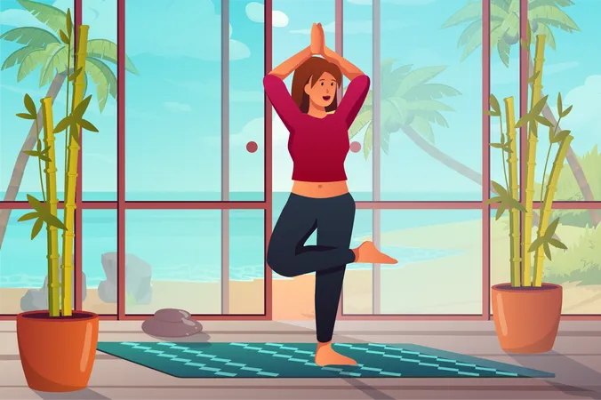 Fille faisant du yoga dans la salle de yoga  Illustration