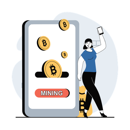 Fille faisant du minage de Bitcoin en ligne  Illustration