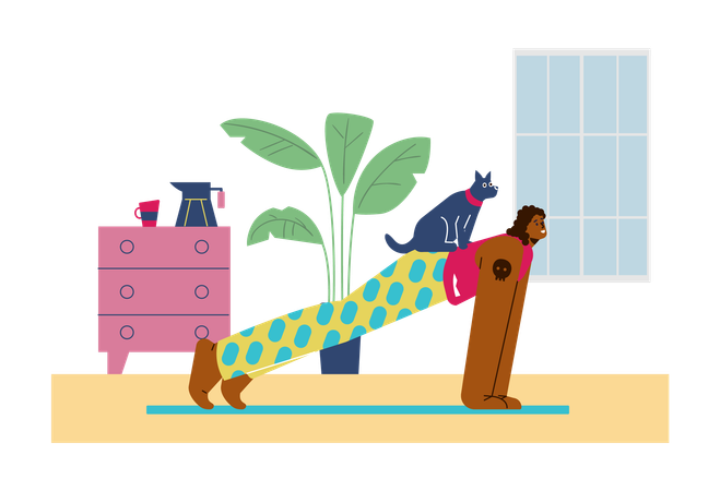 Fille faisant une planche droite à la maison avec un chien sur le dos  Illustration