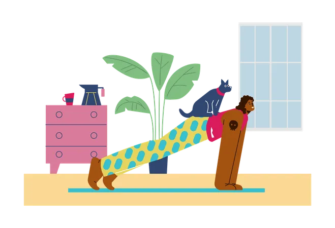 Fille faisant une planche droite à la maison avec un chien sur le dos  Illustration
