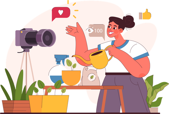 Fille faisant un vlog de plantation  Illustration