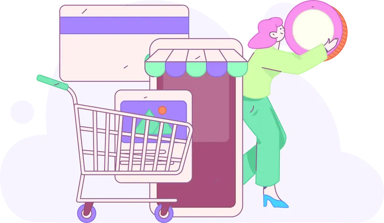 Fille effectuant un paiement en espèces pour faire du shopping  Illustration