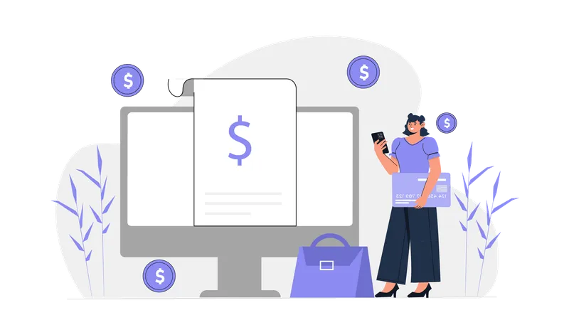 Fille effectuant un paiement en ligne  Illustration