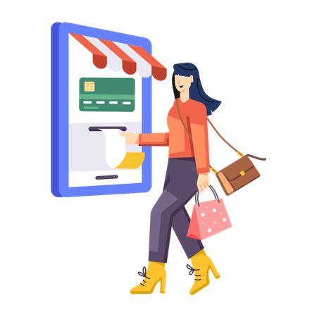 Fille faisant le paiement par carte en ligne  Illustration