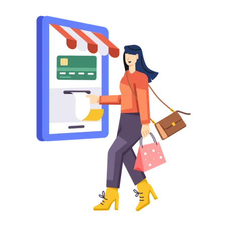 Fille faisant le paiement par carte en ligne  Illustration