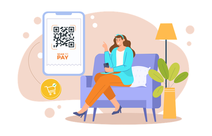 Fille effectuant un paiement par code QR à l'aide d'un téléphone portable  Illustration