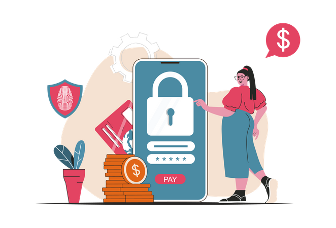 Fille effectuant un paiement sécurisé par application mobile  Illustration