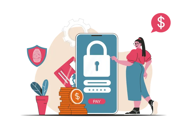 Fille effectuant un paiement sécurisé par application mobile  Illustration