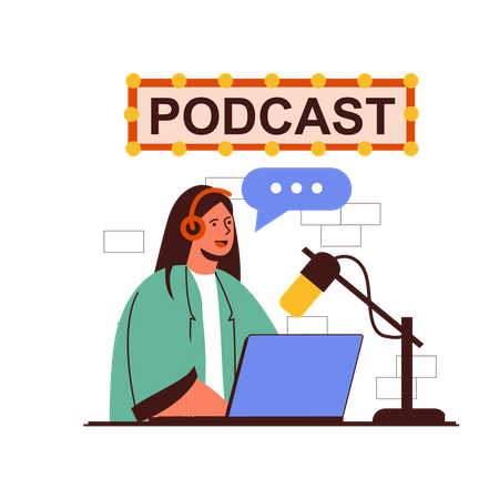 Fille faisant un podcast audio du studio de podcast  Illustration