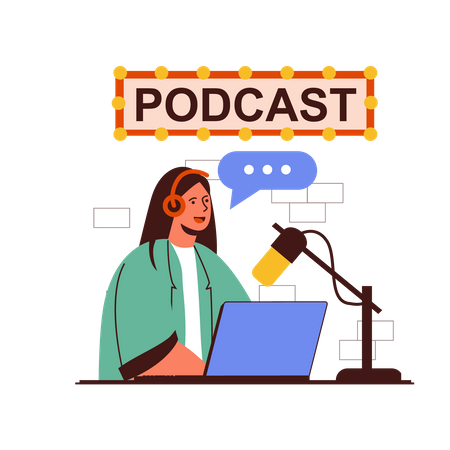 Fille faisant un podcast audio du studio de podcast  Illustration