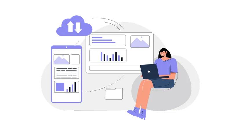 Fille effectuant une analyse de données dans le cloud  Illustration