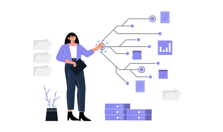 Fille effectuant une analyse de serveur  Illustration