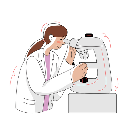 Fille faisant des expériences à l'aide d'un microscope  Illustration