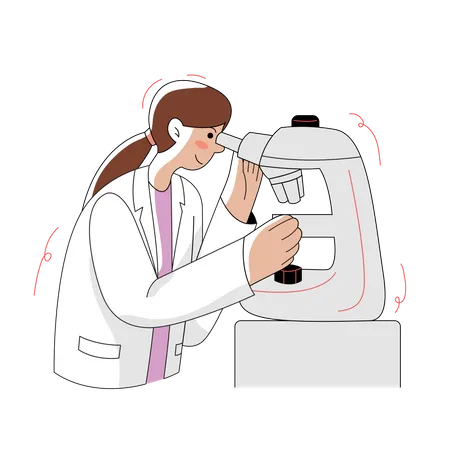 Fille faisant des expériences à l'aide d'un microscope  Illustration