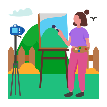 Une fille réalise un vlog de peinture en direct  Illustration